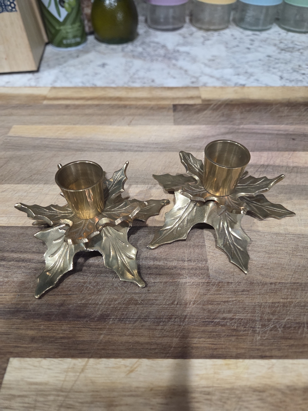 Vintage Gatco Solid Brass Leaf Design Candle Holders - Set of 2